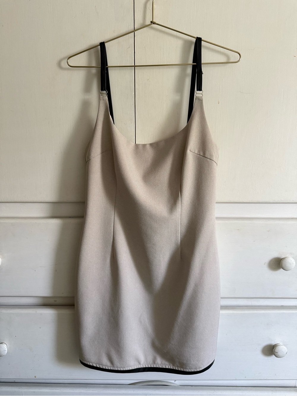 White Fox Boutique Beige Mini Dress with Black Straps